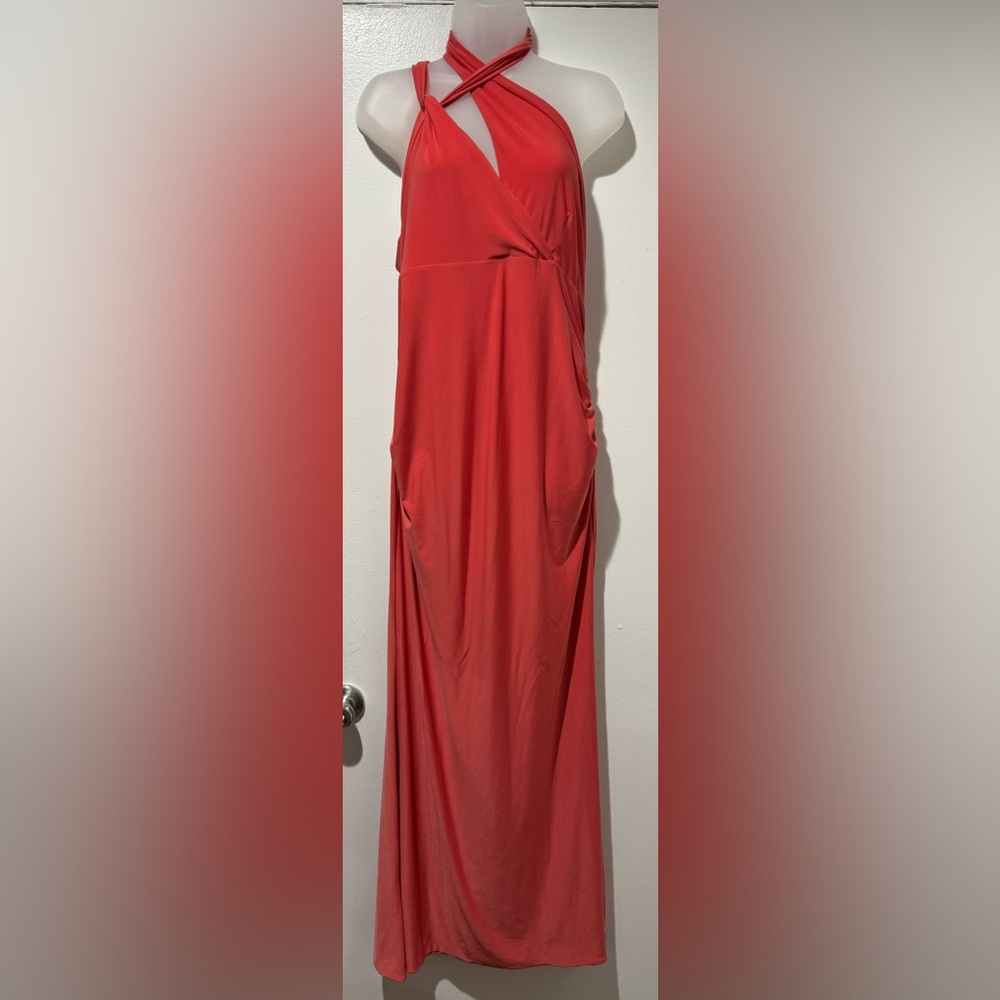 Club L London Alba Coral Maternity Halter Asymmetric Maxi Dress (Size 10) - Picture 11 of 14